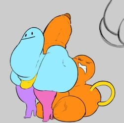 ass_job balls big_balls big_penis boe_(land_of_boggs) boggo_(land_of_boggs) clenched_teeth closed_eyes clueless cyan_skin dark_tip doodle funny futa_on_female gay_with_woman grey_background hyper_penis land_of_boggs large_penis long_arms neutral_expression orange_skin pink_high_heel_boots purple_high_heel_boots small_bulge thick_ass unfazed vein yellow_skin yellow_thong yuri zevixbunt