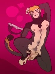 0ct0m0n0 absurd_res anthro artist_name autofootjob black_body black_fur blonde_hair feet foot_fetish foot_play front_view fur genitals green_eyes grey_body grey_fur hair haplorhine hi_res humanoid_genitalia humanoid_penis looking_at_viewer male male_anthro mammal masturbation monkey nipples nude penis primate short_hair solo tan_body tan_fur tan_penis text vein veiny_penis