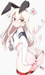 1boy anchor_hair_ornament angry animal_ears black_panties blonde_hair blue_sailor_collar breasts buttjob cum cum_on_ass cum_on_body cum_on_clothes ejaculation elbow_gloves female gloves hair_ornament heart kantai_collection kneehighs long_hair looking_back off_shoulder open_mouth panties penis rabbit_ears sailor_collar school_uniform serafuku shigino_sohuzi shimakaze_(kancolle) sleeveless socks solo_focus spoken_heart straight string_panties striped_clothes striped_socks underwear white_gloves white_serafuku wide_hips
