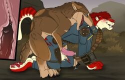 all_fours anal anal_sex angel_(velvetvlade) anthro anthro_on_feral anthro_penetrated balls big_fangs bite blue_bodysuit blue_clothing blue_eyes blue_skinsuit blush bodily_fluids bodysuit brown_body brown_fur clothed clothing cum cum_string duo erection fallout fangs felid feral feral_penetrating feral_penetrating_anthro fur furry genital_fluids genitals green_eyes hair hi_res killthe_demon looking_pleasured male male/male male_penetrated male_penetrating male_penetrating_male mammal microsoft narrowed_eyes night_stalker_(fallout) open_mouth penetration penile penile_penetration penile_spines penis penis_in_ass pink_penis plant red_body red_fur red_hair red_tongue samantha_(nava) sex short_hair shoulder_bite shrub side_view skinsuit tan_body tan_fur teeth tight_clothing tongue torn_bodysuit yellow_balls yellow_body yellow_fur zoophilia