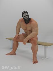 1boy 3d 3d_(artwork) abs barefoot big_nipples call_of_duty call_of_duty:_modern_warfare_2 call_of_duty_modern_warfare_2_(2022) erect erect_cock erect_dick erect_penis erection full_body ghost_(modern_warfare_2) gw_stuff gym_bench hand_on_leg looking_at_viewer male male_only mask_only masked masked_male masked_only naked naked_male nude nude_male seated simon_riley six_pack solo solo_male