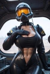 1girls ai_generated big_breasts bodysuit civitai cleavage curvy eagle-1_(helldivers) flight_suit helldivers_2 helmet huge_breasts shorter_than_10_seconds solo sports_bra tagme touching_breast video zipper