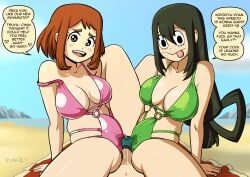 1boy 2girls beach big_breasts bikini breasts brown_hair dialogue english_text erection erection_under_clothes female green_hair grinding grinding_on_penis grinding_through_clothes izuku_midoriya looking_at_viewer male male_pov my_hero_academia ochako_uraraka outdoors penis planz34 png pov swimsuit text thick_thighs tsuyu_asui wide_hips