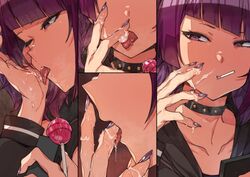 candy cellphone choker collarbone cum cum_licking erere facial female finger_licking food idolmaster idolmaster_shiny_colors licking licking_hand lollipop nail_polish phone purple_eyes purple_hair purple_nails saliva smartphone tanaka_mamimi tongue tongue_out