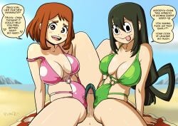 1boy 2girls beach big_breasts bikini breasts brown_hair dialogue english_text erection erection_under_clothes female green_hair grinding grinding_on_penis grinding_through_clothes izuku_midoriya looking_at_viewer male male_pov my_hero_academia ochako_uraraka outdoors penis planz34 png pov swimsuit text thick_thighs tsuyu_asui wide_hips