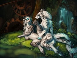 2018 4_toes blue_eyes braided_hair charr day detailed_background feline female fingering furry grass guild_wars hair horn jackrow maara mammal moss nude open_mouth outside pussy rock teeth toes video_games water waterfall white_hair yuri