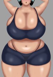 bbw big_breasts breasts breasts_bigger_than_head cleavage curvy enormous_breasts female hands_behind_head overflowing_breasts plump plump_thighs shorts sideboob sports_bra thick_thighs thong tight_clothing wide_hips