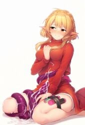 bangs blonde_hair blush braid breasts crown_braid cum cum_on_body eyebrows_visible_through_hair female large_breasts long_sleeves looking_at_viewer medium_breasts pointy_ears red_dress sex_toy short_hair sitting smile solo striped striped_background sweater tentacle thigh_strap turtleneck vertical_stripes wariza