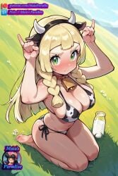 ai_assisted armpits blonde_hair blush cow_ears cow_horns cow_print cow_print_bikini cowbell green_eyes horns horns_pose kneeling lillie_(pokemon) maia's_paradise milk nintendo nintendo_switch pokemon pokemon_sm sfw