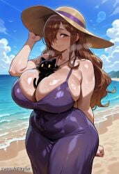 1girls ai-generated beach between_breasts big_breasts breasts brown_eyes brown_hair chomusuke dress feline hair_over_one_eye huge_breasts kono_subarashii_sekai_ni_shukufuku_wo! konosuba large_breasts long_hair mature_female nbaghu shiny_skin smile sun_hat sweat thick_thighs wide_hips wiz_(konosuba)