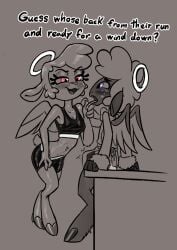 2025 4_fingers angel anthro anthro_on_anthro apron back_wings biped black_text blush bodily_fluids bottomwear bovid bow_tie bra breasts bulge caprine cherub cleavage clothed clothed_anthro clothed_female clothed_male clothing cloven_hooves collin_(helluva_boss) dialogue dominant dominant_female duo english_text erection erection_under_clothing eye_contact eyebrows eyelashes feathered_wings feathers female female_anthro fingers freckled_face freckles fur furniture greyscale hair half-closed_eyes halo hellaverse helluva_boss hi_res hooves intraspecies keenie_(helluva_boss) leaning leaning_backward leaning_on_furniture long_sleeves looking_at_another looking_at_partner male male/female male_anthro mammal medium_breasts midriff monochrome narrowed_eyes open_mouth pink_eyes pupils purple_eyes saliva saliva_on_hand saliva_on_tongue scut_tail sheep shirt short_hair short_tail shorts soulcentinel spandex spandex_shorts sports_bra spot_color submissive submissive_male sweat sweaty_face tail talking_to_another talking_to_partner text tight_bottomwear tight_clothing tight_shorts tongue tongue_grab tongue_out topwear underwear undressing unguligrade wings wool_(fur)