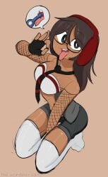 blowjob_gesture brown_hair dark-skinned_female female_only fishnet_armwear fully_clothed penismaster48 tagme third-party_edit