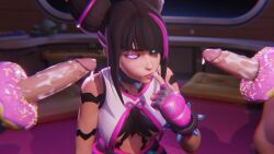 1girls 2boys 3d big_penis black_hair blue_eyes breasts cosplay cum donut doughnut female food heterochromia juri_han_(cosplay) kiriko_(overwatch) large_penis male multicolored_hair multiple_boys overwatch overwatch_2 penis pink_eyes pink_hair shibarademu straight street_fighter street_fighter_6 tasting_cum