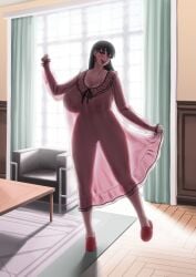 akai_melon babydoll black_hair blush breasts covered_nipples earrings female highres huge_breasts jewelry lingerie long_hair looking_at_viewer navel negligee open_mouth pink_negligee red_eyes see-through_babydoll see-through_clothes sexually_suggestive smile solo spy_x_family squatting underwear underwear_only yor_briar