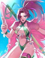 1girls asian asian_female butterfly_ornament cleavage green_one-piece_swimsuit hair_ribbon japanese japanese_female large_breasts long_hair looking_at_viewer marvel marvel_rivals mutant_(marvel) official_alternate_costume one-piece_swimsuit pannaaq ponytail psylocke psylocke_(breezy_butterfly) psylocke_(marvel_rivals) purple_hair ribbon sai_(marvel) solo swimsuit thighs water weapon x-men