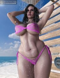 3d armpits black_hair bra breasts cd_projekt_red entitledgoose female light-skinned_female looking_at_viewer mascara nipples_visible_through_clothing purple_eyes sea shower solo solo_female swimsuit the_witcher_(series) the_witcher_3:_wild_hunt thong wet_body yennefer