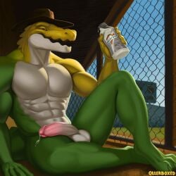 2025 abs absurd_res alligator alligatorid anthro athletic balls baseball_field bodily_fluids candy claws crocodilian cum dessert detailed_background dominant dominant_male excessive_cum excessive_genital_fluids food gatorade genital_fluids genitals glans glitch_productions green_body green_eyes gummigoo_(tadc) half-erect hi_res humanoid_genitalia humanoid_penis lizard looking_at_viewer male male_anthro muscular muscular_anthro muscular_male otterboxed painting_(artwork) pecs penis reptile scalie sky solo sport tail the_amazing_digital_circus yellow_body