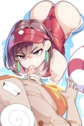 1boy ass ayase_momo breasts brown_eyes brown_hair clenched_teeth commentary crossed_bangs dandadan english_commentary fellatio female from_above glasses hair_between_eyes highres hot_vr hotvr lifeguard male_swimwear_pull one-piece_swimsuit oral partially_submerged pendant_earring penis red_one-piece_swimsuit round_eyewear short_hair straight swim_ring swimsuit takakura_ken_(dandadan) teeth uncensored visor_cap