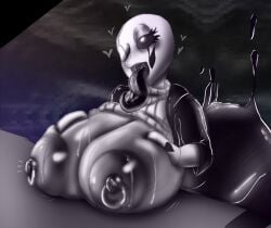 breasts deltarune fem_gaster female gaster horny huge_breasts long_tongue pierced_nipples piercings rosigoldd slimy sweat undertale undertale_(series) wink