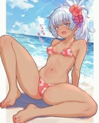 arm_support beach dialogue exhausted floral_print japanese_text legs_apart looking_at_viewer m_legs matsuri_(rune_factory) micro_bikini ocean on_back on_ground red_toenails rune_factory rune_factory:_guardians_of_azuma sitting skin_fang small_breasts spread_legs tan_body text toenail_polish translation_request