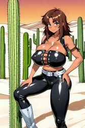 ai_assisted ai_generated belly big_breasts biker_girl breasts brown_hair chubby_belly curvy curvy_female curvy_figure desert female freckles freckles_on_breasts freckles_on_face freckles_on_shoulders green_eyes huge_breasts jdelta leather leather_clothing leather_pants leather_topwear messy_hair native_american_female nipples_visible_through_clothing oc original_character sierra_(jdelta) tan_body tan_skin thick thick_hips thick_thighs tight_clothing tight_fit