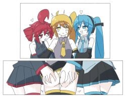 3girls akita_neru blush blush_lines blushing groping groping_ass hatsune_miku kasane_teto tagme tagme_(artist)