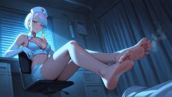 ai_generated bangs bare_shoulders barefoot blunt_bangs breasts chair cleavage crossed_legs cyberpunk cyberpunk_(series) elbow_gloves erosaga feet female foot_focus gloves hat lucy_(cyberpunk) neon_lights nurse nurse_cap nurse_clothing nurse_uniform sexy_pose short_hair sitting soles solo toes white_gloves
