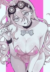 1girl 1girls :o animal_ears bare_shoulders big_breasts black_choker blonde_hair bow bowtie breasts bunny_ears bunnysuit choker cleavage collar collarbone danganronpa danganronpa_(series) danganronpa_v3 danganronpa_v3:_killing_harmony fake_animal_ears female goggles goggles_on_head groin hair_between_eyes hand_up highres iruma_miu large_breasts leaning_forward leotard long_hair looking_at_viewer pink_background pink_eyes pink_leotard shiny_skin solo tagme thigh_gap twirling_hair v0_id11 white_background white_eyes white_hair white_skin wide_hips wristband