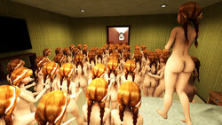 3d anna_(frozen) ass bedroom behind big_ass big_breasts clone clones crowded disney frozen_(film) hotel_room large_ass naked nipples shrunkenlover