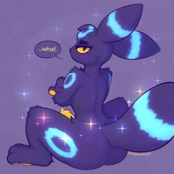 1:1 2025 3_toes absurd_res anthro anthrofied artist_name ass big_butt black_body black_eyebrows black_fur black_nose blue_body blue_fur blue_markings blush blush_lines bodily_fluids circle_(marking) crossed_arms cum dialogue eeveelution english_text erection eyebrows eyelashes feet femboy fur fur_markings generation_2_pokemon genital_fluids genitals hair hi_res leaking_cum looking_at_viewer looking_back looking_back_at_viewer male markings mole_(marking) multicolored_body multicolored_fur narrowed_eyes nintendo nude nude_anthro nude_male pawpads paws penis pokemon pokemon_(species) pokemorph shiny_pokemon shiny_umbreon sitting skellybeanz solo sparkles speech_bubble tail text toes umbreon url yellow_pawpads yellow_penis yellow_sclera yellow_text