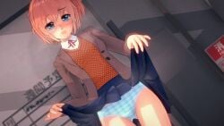 1girls 3d average_breasts blue_eyes blue_panties blush blush breasts coral_pink_hair doki_doki_literature_club embarrassed embarrassed_female female high_school_student hips koikatsu lifting_skirt panties sayori_(doki_doki_literature_club) thighs uniform warm_lighting