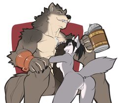 2016 5_fingers absurd_res anthro anthro_on_anthro balls big_dom_small_sub big_penis black_hair black_nose breasts canine countershading cup duo erection faint_(artist) female fur grey_eyes grey_fur grin hair hi_res huge_cock hugjob humanoid_penis larger_male male mammal muscular muscular_male nude penis penis_hug purple_eyes pussy short_hair simple_background sitting size_difference smaller_female smile straight vein wolf