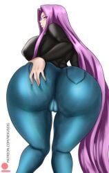 ass breasts cameltoe denim female glasses huge_ass jeans large_breasts long_hair looking_at_viewer looking_back pants purple_eyes purple_hair rider solo sweater thighs very_long_hair