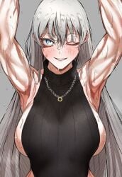 angelica_(library_of_ruina) arms_above_head arms_behind_back big_breasts blue_eyes breasts female grey_hair library_of_ruina nb8c one_eye_closed project_moon shiny_skin sideboob smile sweaty white_hair wink