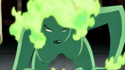 1girl angry angry_expression beatriz_da_costa blank_eyes dc dc_comics defeated edit female female_focus female_only fire fire_(dc) fire_hair green_body green_fire green_hair green_skin justice_league justice_league_unlimited nipples screencap solo