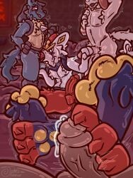 3:4 3_toes anthro ball_fondling balls bed bed_sheet bedding bedroom blowjob_face bodily_fluids breath brick_background brick_wall brickwork cinderace confident confident_male confident_stance dripping dungeon fap_(sound_effect) feet fellatio femboy femboy/femboy fluffy fondling foot_fetish foot_focus foot_play footjob furniture generation_2_pokemon generation_4_pokemon generation_8_pokemon genital_fluids genitals glistening group handjob handjob_while_sucking hi_res human humanoid_genitalia humanoid_penis interspecies judasthesinner leaking_precum looking_up looking_up_at_another looking_up_at_partner lucario male male/male mammal masturbation neck_bulge neon_lights nintendo oral oral_penetration panting pawpads paws penetration penile penis pokemon pokemon_(species) pokephilia precum precum_drip precum_string red_penis sex sex_dungeon shaky_legs smeargle sucking tan_body tan_skin throat toes wall_(structure)