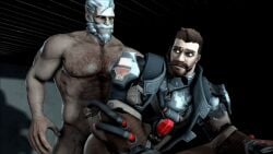 2boys 3d 3d_(artwork) animated armpit_hair bouncing_collar chest_hair clothed_male_nude_male clothed_sex collar face_scar gabriel_reyes gw_stuff hairy_armpit hairy_armpits hairy_chest implied_penetration implied_sex male male/male male_only naked_male_with_clothed_male no_pants no_underwear no_visible_genitalia overwatch pantless reaper reinhardt scars six_pack surprised worried worried_expression worried_face worried_look worried_male