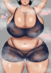 big_breasts breasts breasts_bigger_than_head cleavage enormous_breasts female hands_behind_head overflowing_breasts plump plump_thighs shorts sideboob sports_bra thick_thighs thong tight_clothing wide_hips