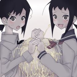 2girls after_cumshot bangs big_breasts black_hair blank_background blush blush_lines breasts chained crossover cum cum_on_breasts female female_focus hair hair_beads hair_clips hair_ornament hairclip hakayu holding_hands kaga_ai kobeni_higashiyama light-skinned_female light_skin looking_at_viewer open_mouth paizuri ponytail ponytail_female sayonara_zetsubou_sensei school_uniform schoolgirl schoolgirl_uniform seifuku semen semen_on_breasts serafuku shiny_skin suit suit_and_tie sweat sweatdrop textless textless_version thin_eyebrows tie titjob tittyfuck uniform white_background