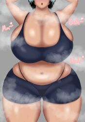 big_breasts breasts breasts_bigger_than_head cleavage enormous_breasts female hands_behind_head overflowing_breasts plump plump_thighs shorts sideboob sports_bra thick_thighs thong tight_clothing wide_hips