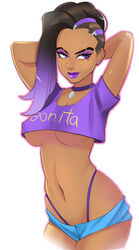 1girls brazilian brazilian_female breasts capcom cosplay dark-skinned_female dark_skin female female_only g1138 laura_matsuda laura_matsuda_(cosplay) overwatch pinup purple_eyes short_shorts shorts solo sombra street_fighter street_fighter_iii street_fighter_iii:_3rd_strike street_fighter_iii_(series) street_fighter_v thong underboob