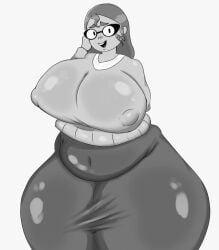 1girl belly breasts covered_navel covered_nipples dark-skinned_female dark_skin fat glasses greyscale huge_breasts jeletrix kindergarten_(game) long_hair long_skirt looking_at_viewer mature_female monochrome ms._lovelett nipples open_mouth plump simple_background skirt smile solo sweater tagme