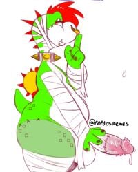 anthro bodily_fluids cyantmov erection genital_fluids genitals male mario_bros mummy_wrappings nintendo overweight penis piercing precum presenting presenting_penis scales shell solo stitch_(sewing) undead yoshi zombie