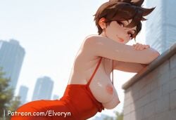 1girls ai_generated areolae ass bare_arms bare_breasts bare_chest bare_shoulders beach blurry_background breasts brown_eyes brown_eyeshadow brown_hair cheeky cheeky_smile covered_pussy elvoryn eyeliner eyeshadow female female_on_cloth female_only freckles hat hip_tilt hips looking_at_viewer medium_ass medium_breasts mole_on_chest navel nipples one_arm_raised one_arm_up open_eyes open_mouth_smile open_smile overwatch overwatch_2 pink_nails pinup pussy round_ass short_hair slim_waist smile smiling solo spiked_hair standing stomach sun_hat thighs topless topless_female tracer upper_body wink winking winking_at_viewer