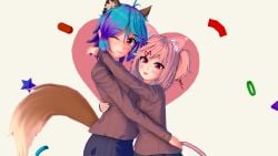 1girl1boy abstract_background arm_around_waist arm_over_shoulder benji_(senpien't) blep blue_hair blush cat_ears cat_tail catgirl couple dog_ears dog_tail dogboy doki_doki_literature_club dyed_hair embrace female freckles freckles_on_face hand_on_ass heart height_difference kemonomimi looking_at_viewer natsuki_(doki_doki_literature_club) oc oc_x_canon original_character pink_eyes pink_hair purple_hair red_eyes smiling transmasc twintails uniform whiskers