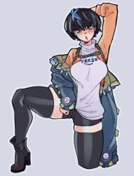 1girls 2d 2d_(artwork) 2d_artwork arc_system_works arm_up black_hair blue_hair blush boots breasts covered_armpit female guilty_gear guilty_gear_strive jacket jacket_open kuroi_oni light-skinned_female light_skin pixie_cut raised_arm raising_arm red_eyes shiny_skin shirt thick_thighs thigh_squish thighhighs thighs tomboy unika_(guilty_gear)