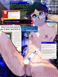 ahe_gao black_hair blue_eyes computer computer_virus crying crying_with_eyes_open date_everything disembodied_hand glasses hand_covering_mouth hand_over_mouth heart-shaped_pupils heart_eyes hitachi_magic_wand legs_apart mac_(date_everything) mastectomy_scar naked nonbinary nude overstimulation pleasure_face tattoo tears technology top_surgery_scars vibrator virus