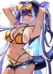 armpits bangs bare_shoulders bikini breasts cleavage eyewear_on_head female highleg highleg_bikini large_breasts long_hair looking_at_viewer mouth_hold multicolored_bikini multicolored_hair navel one_eye_closed purple_eyes shylily side-tie_bikini smile solo squchan swimsuit thighs very_long_hair