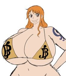 2d 2d_(artwork) 2d_artwork alternate_body_type alternate_breast_size bikini bikini_top breasts breasts_bigger_than_head brown_eyes brown_eyes_female female female_focus female_only hand_behind_back hips light_skin light_skinned_female lips long_hair long_hair_female momiji_(artist) nami nami_(one_piece) navel one_piece orange_hair orange_hair_female revealing_clothes simple_background small_bikini smile smiling smiling_at_viewer solo solo_female solo_focus tattoo tattoo_on_arm white_background wide_hips