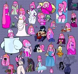 adventure_time alternate_hair_color alternate_hairstyle alternate_outfit bald baseball_bat baseball_cap baseball_uniform beehive_(hairstyle) beehive_hair beehive_hairdo bisexual bisexual_flag blue_dress blush blushing bmo breakfast_princess breasts christmas_sweater clothing dress embarassed female green_eyes green_skin hair_bun happy kiss labcoat lesbian_kiss long_hair marceline multiple_poses multiple_views pajamas pink_bikini pink_bikini_bottom pink_bikini_top pink_body pink_dress pink_hair pink_skin princess_bubblegum santa_hat shaved_head silly silly_face simple_background soniverseu spaghetti sweater text white_dress